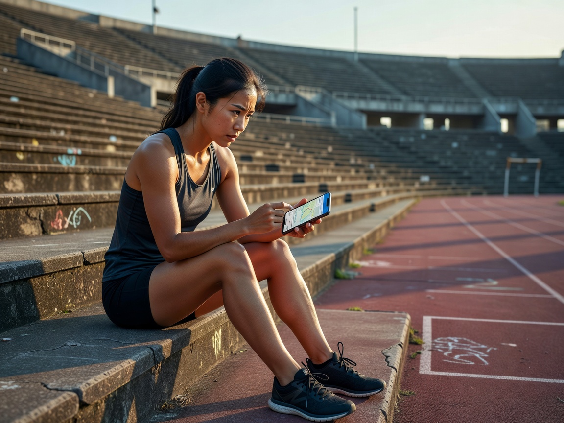 Runner sitting on stadium steps reviewing a workout map on her phone after training