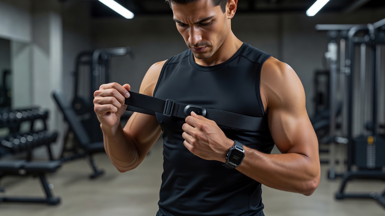 Athlete fastening a heart rate chest strap before a gym session