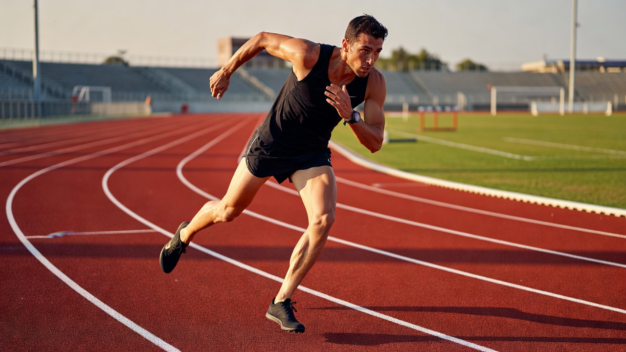 Runner leaning into the bend of a red athletics track wearing a GPS watch