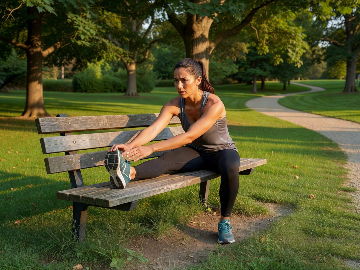 Woman stretching her hamstring on a park bench after a run