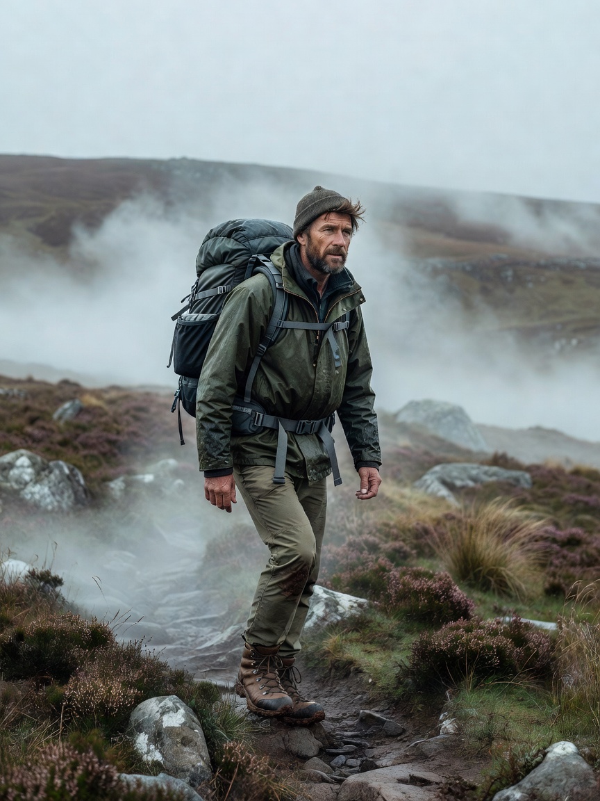 Portrait of tester Gareth with a backpack on a misty hillside