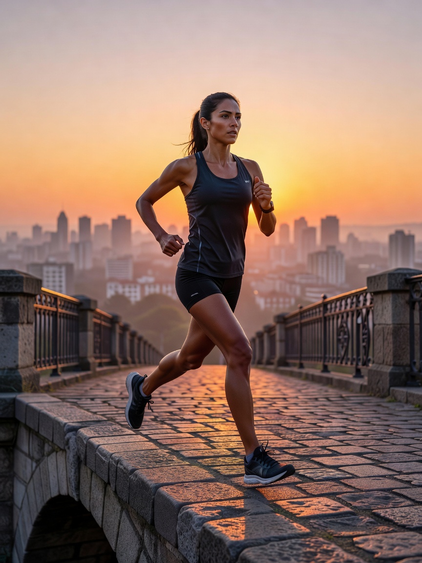 Portrait of tester Maya in running kit on a city bridge at sunrise