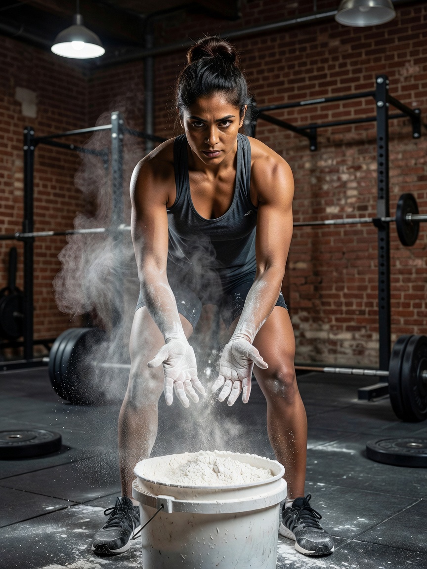 Portrait of tester Priya chalking her hands in a strength gym