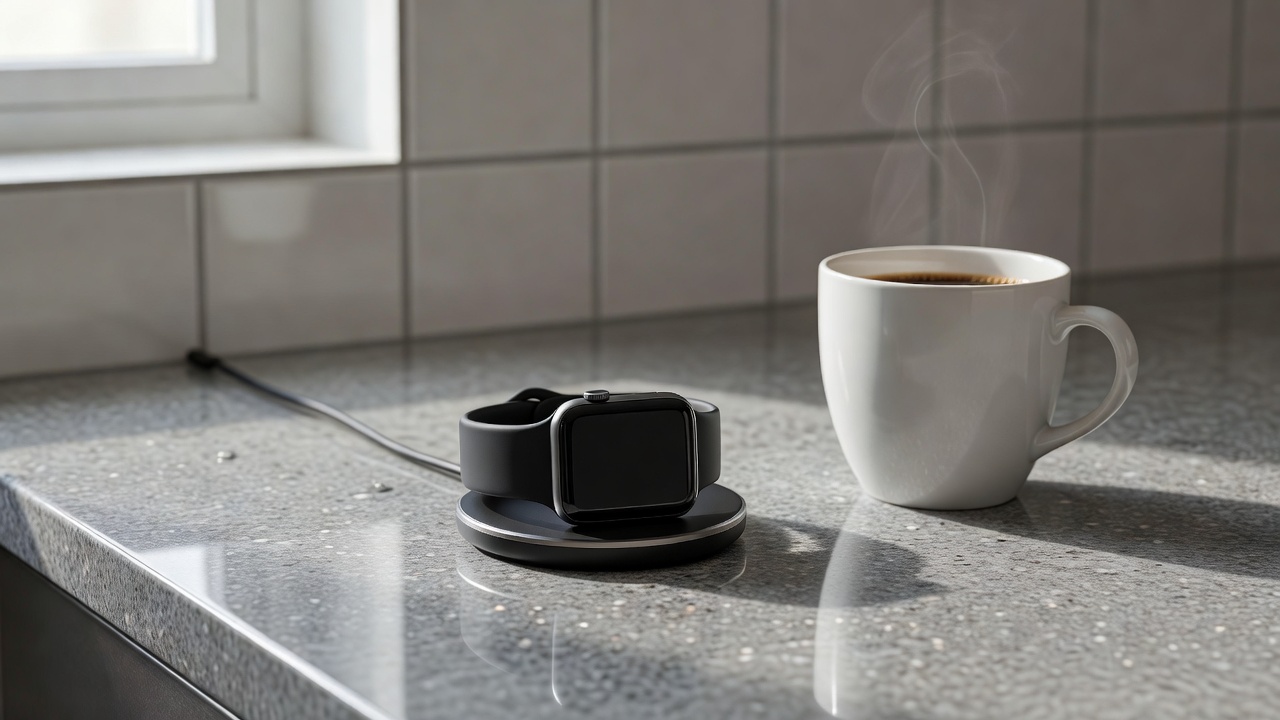 Fitness smartwatch on a magnetic charger on a kitchen counter beside a coffee cup